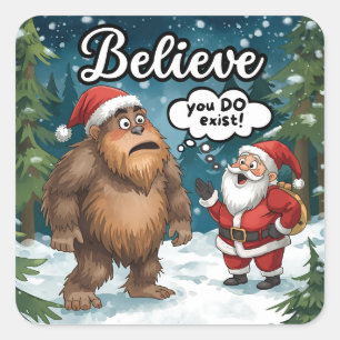 Sasquatch Meets Santa I Believe Funny Christmas Square Sticker