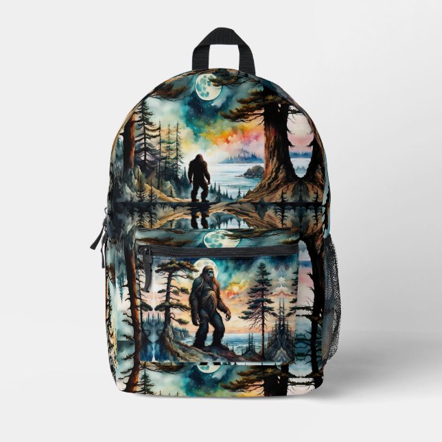 Sasquatch on a Forest Ridge Above Ocean Printed Backpack (Front)