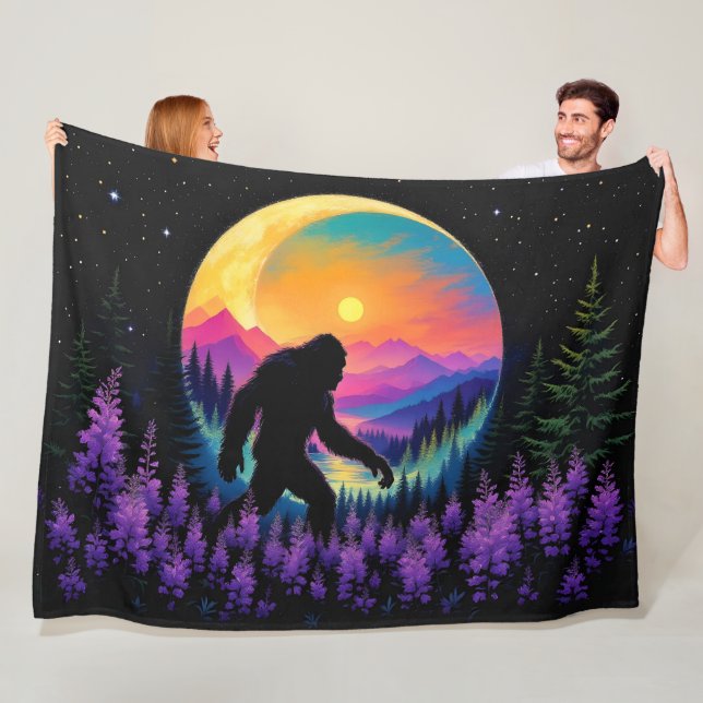 Sasquatch Rainbow Mountain Moon Wall Clock Fleece Blanket (In Situ)