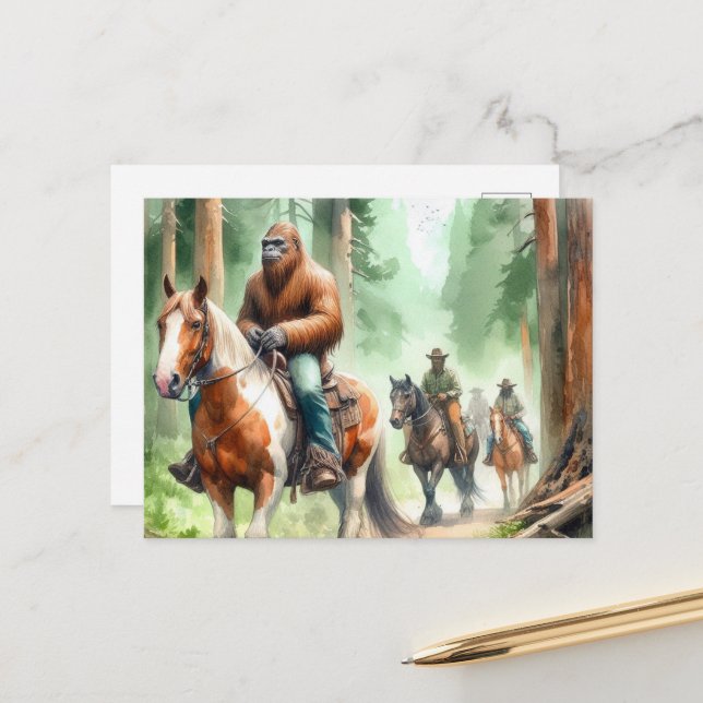 Sasquatch Rides A Paint Horse on a Trail Ride Postcard (Front/Back In Situ)
