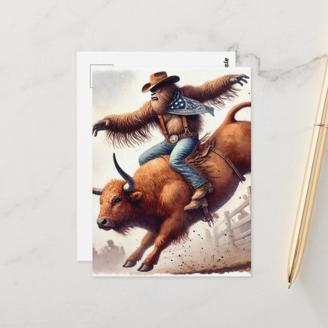 Sasquatch rides a rodeo bull fantasy art postcard (Front/Back In Situ)