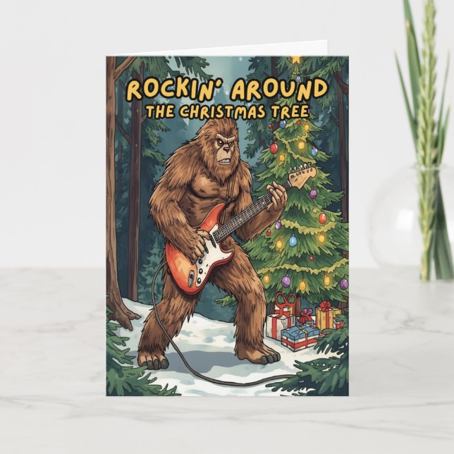 Sasquatch Rockin’ Around the Christmas Tree  Holiday Card (Front)