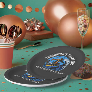 Sasquatch’s Silent Sets Surfing Bigfoot Black Paper Plate