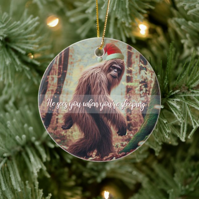 Sasquatch Santa Christmas Ceramic Ornament (Tree)