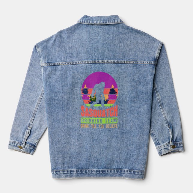 Sasquatch Silhouette Beer Me Retro Sunset  Denim Jacket (Back)