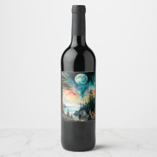 Sasquatch Standing on Ridge over an Ocean Bay Wine Label