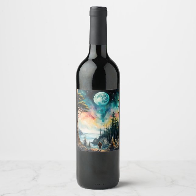 Sasquatch Standing on Ridge over an Ocean Bay Wine Label (Front)