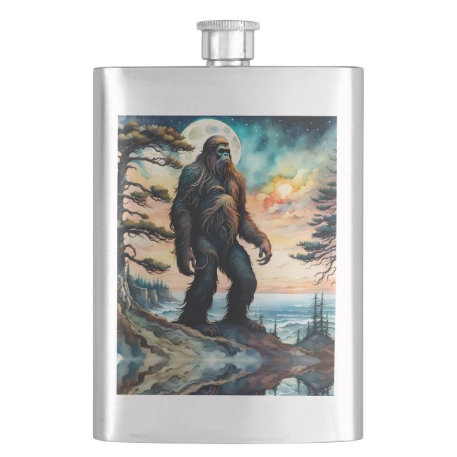 Sasquatch Standing on Ridge overlooking the Ocean Hip Flask (Front)