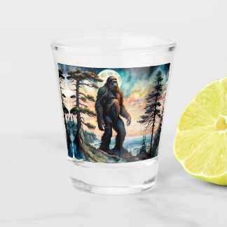 Sasquatch Standing on Ridge overlooking the Ocean Shot Glass
