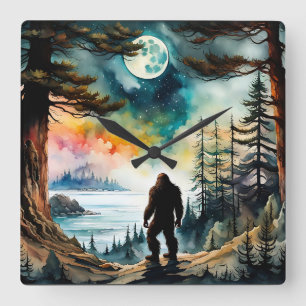 Sasquatch Standing on Ridge overlooking the Ocean Square Wall Clock