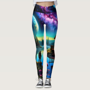 Sasquatch stares at a cabin and nebula sky leggings