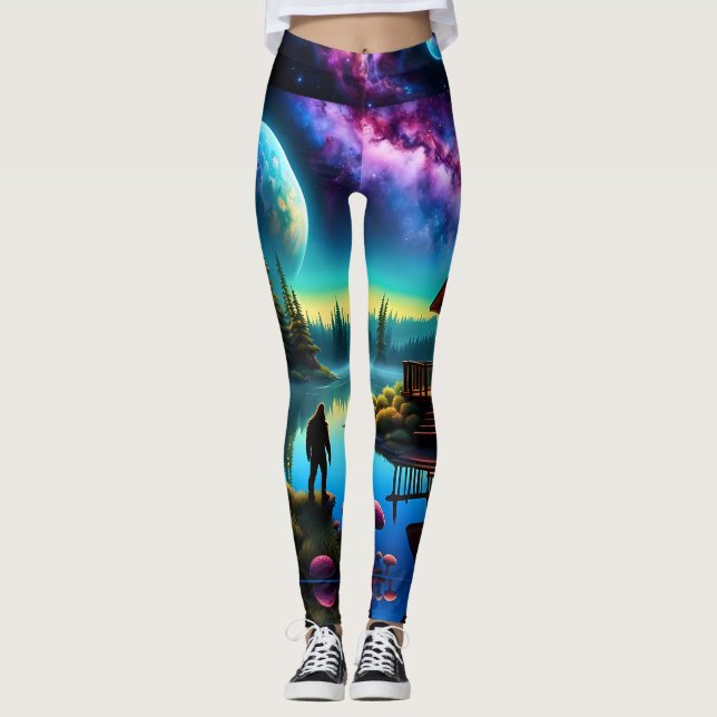 Sasquatch stares at a cabin and nebula sky  leggings (Front)