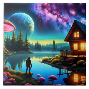 Sasquatch Watching nebulas on a distant planet Ceramic Tile