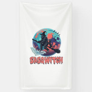 Sasqwitch Bigfoot Witch Broom Black Cat Moon Hallo Banner