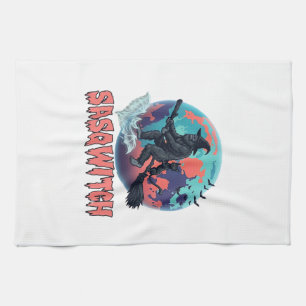 Sasqwitch Bigfoot Witch Broom Black Cat Moon Hallo Tea Towel