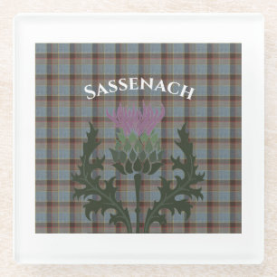 Sassenach with Scottish Thistle on Fraser Tartan Glass Coaster