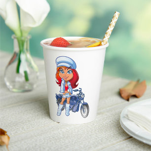 Sassy Biker Girl with Red Hair and Motorcycle Paper Cups