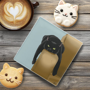 Sassy Black Cat FunnyTired Humour Blue Glass Coaster
