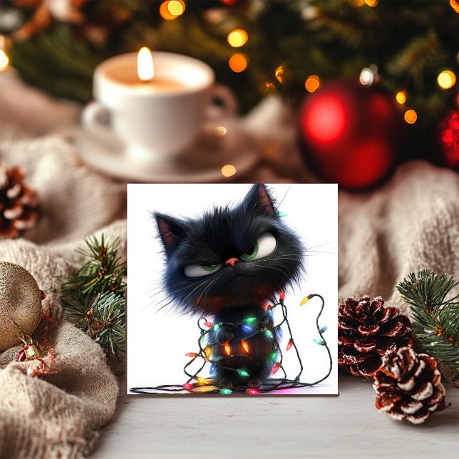Sassy Black Cat Wrapped in Festive Lights Holiday Card (Creator Uploaded)