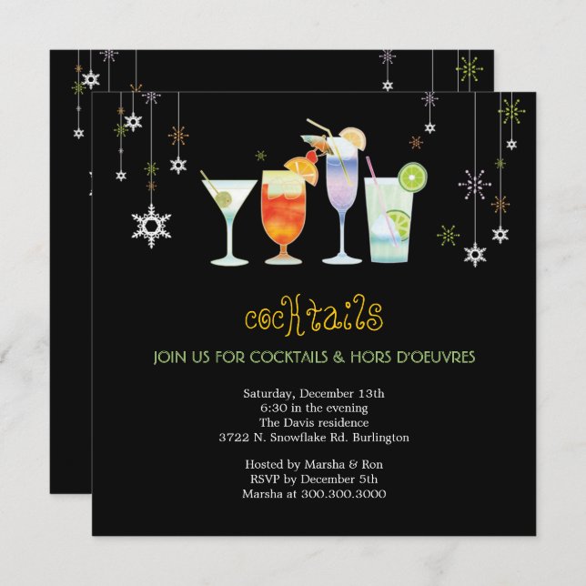 Sassy Black Holiday Cocktail Glasses Party Invitation (Front/Back)