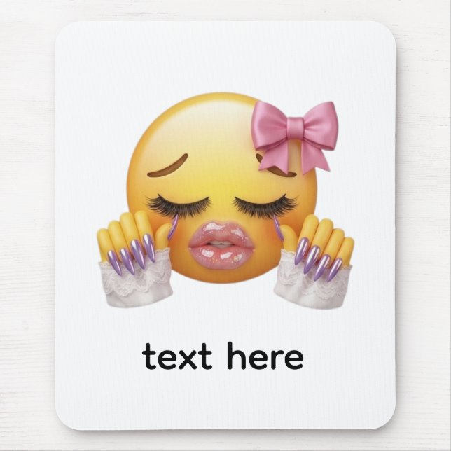 Sassy Blushing Emoji with Pink Bow & Long Nails  Mouse Pad (Front)