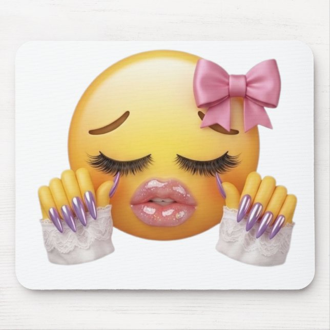 Sassy Blushing Emoji with Pink Bow & Long Nails  Mouse Pad (Front)