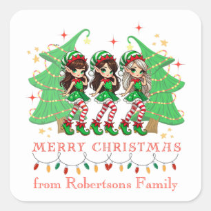 Sassy Elves Dancing Around Christmas Tree Square Sticker