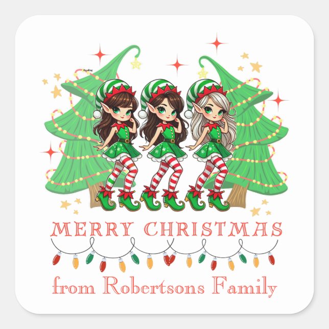 Sassy Elves Dancing Around Christmas Tree Square Sticker (Front)