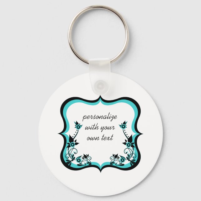 Sassy Floral Frame Keychain, Turquoise Key Ring (Front)