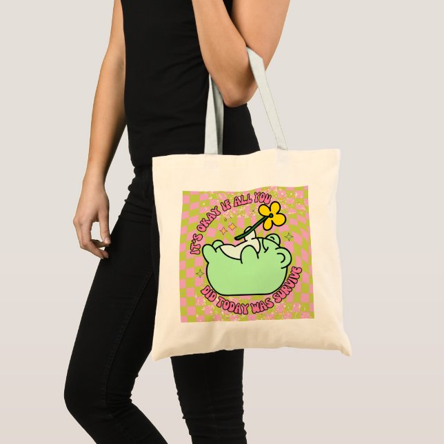 Sassy Funny Bright Frog Flower Lovers Green Groovy Tote Bag (Front (Product))