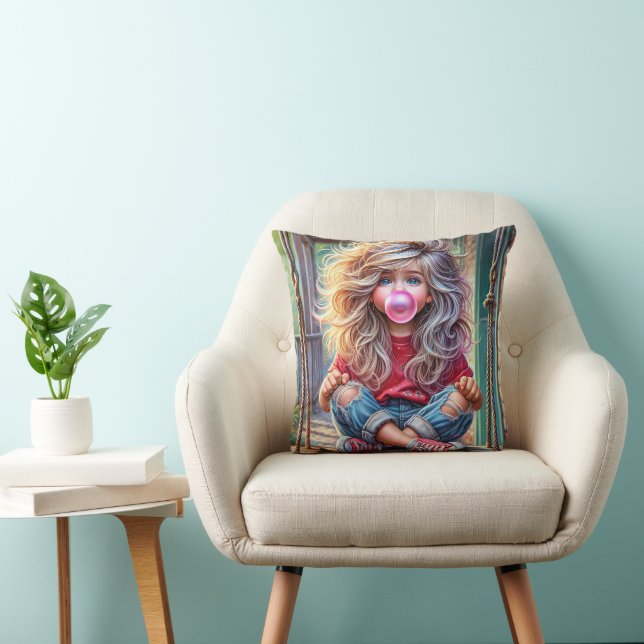 Sassy Girl Blowing Pink Bubblegum Bubbles Cushion (Chair)