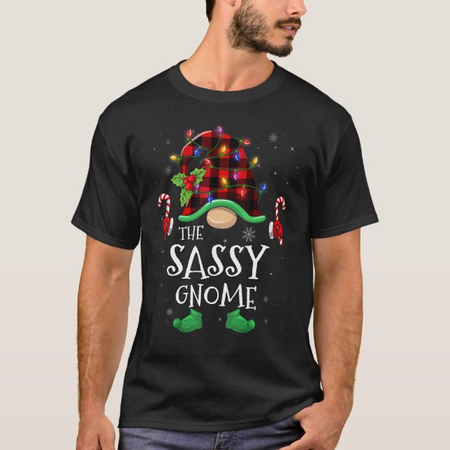Sassy Gnome Buffalo Plaid Matching Family Christma T-Shirt (Front)