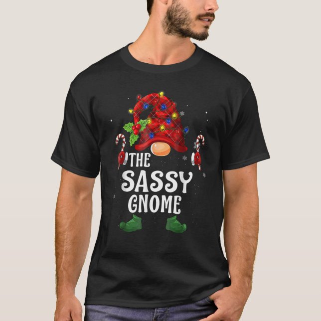 Sassy Gnome Buffalo Plaid Matching Family Christma T-Shirt (Front)