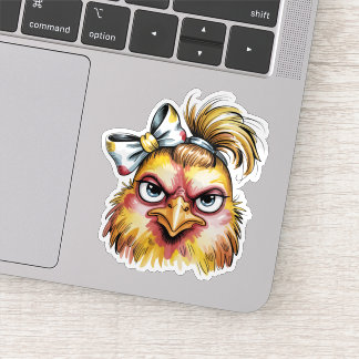 Sassy Grumpy Hen Yellow Bow Messy Hair Sticker