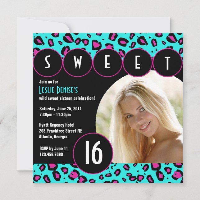 Sassy Leopard Sweet Sixteen Photo Invite [Teal] (Front)