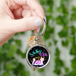 Sassy Like My Neon Cat Catchy Flowers Text Black Key Ring