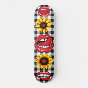 Sassy Lips Open Mouth Tongue Sunflower Chequered Skateboard
