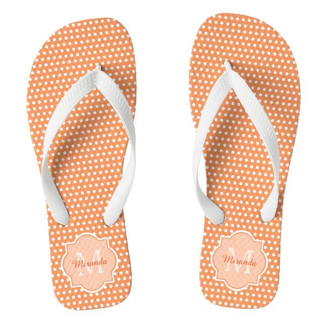 Sassy Orange Polka Dots Monogram With Name Thongs (Footbed)