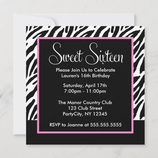 Sassy Pink and Black Zebra Print Invitation (Front)