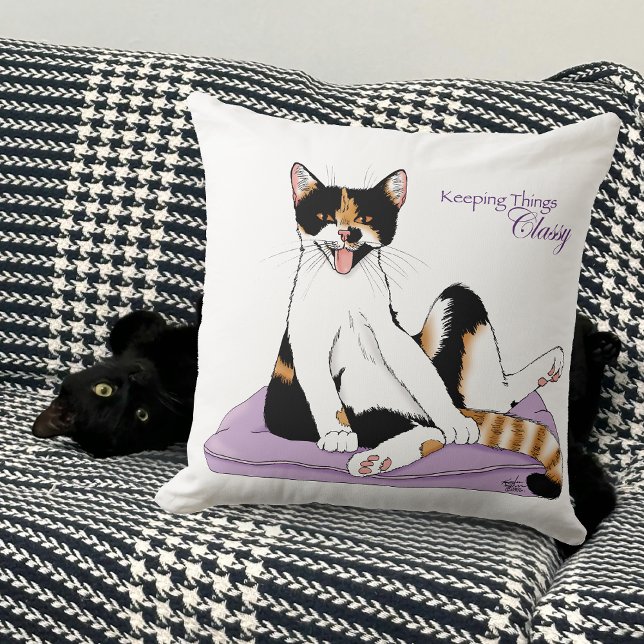 Sassy Purple Whimsical Calico Cat Classy  Cushion (Creator Uploaded)
