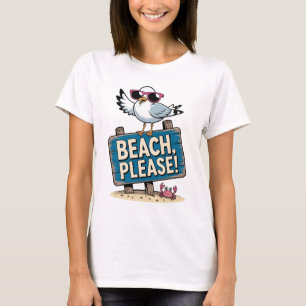 Sassy Seagull Beach Please Pink Retro T-Shirt