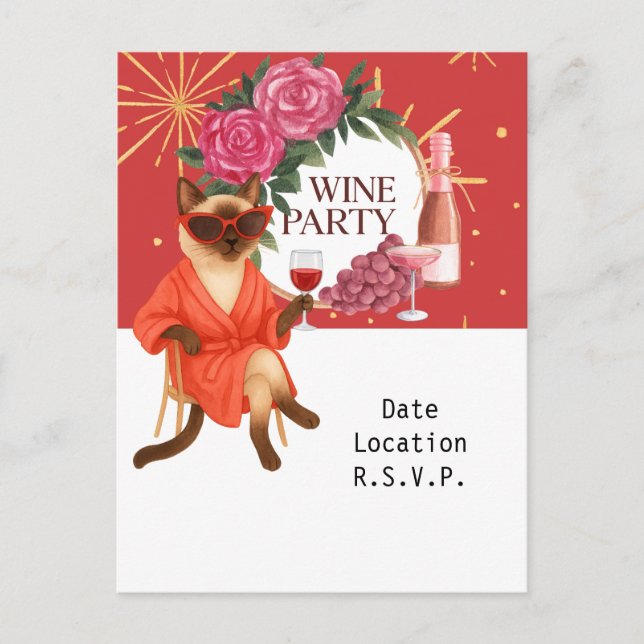 Sassy Siamese Cat drinking for Wine party invite Postcard (Front)