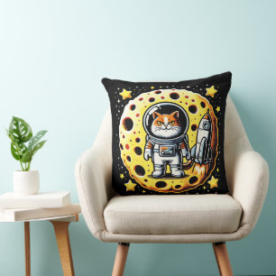 Sassy Space Cat - Astronaut on a Cheese Moon Quest Cushion