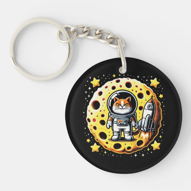 Sassy Space Cat - Astronaut on a Cheese Moon Quest Key Ring (Front)