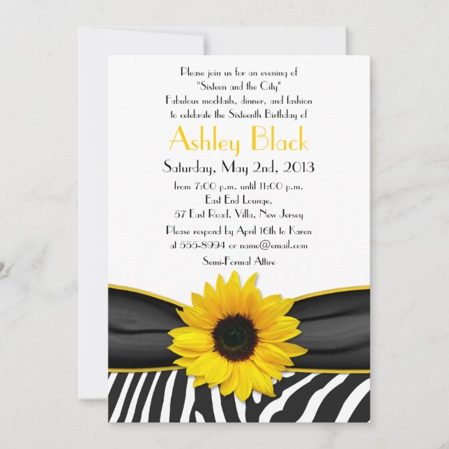 Sassy Sunflower Zebra Print Sweet 16 Invitation (Front)