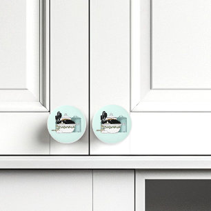Sassy Tuxedo Cat Vintage Bowl Aqua Retro Kitchen Ceramic Knob