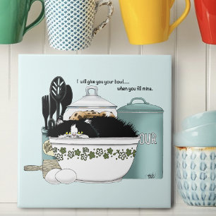 Sassy Tuxedo Cat Vintage Bowl Aqua Retro Kitchen Ceramic Tile