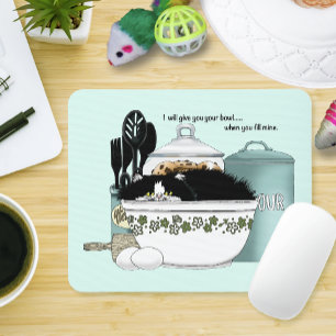 Sassy Tuxedo Cat Vintage Bowl Aqua Retro Kitchen  Mouse Pad