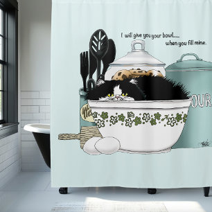 Sassy Tuxedo Cat Vintage Bowl Aqua Retro Kitchen Shower Curtain