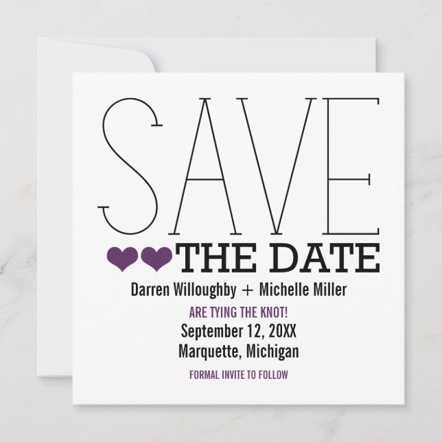 Sassy Typography Save the Date Invite, Purple (Front)